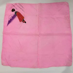 Vintage Pink Handkerchief Woman in Kimono Mountain Scene Square Hanky 14”
